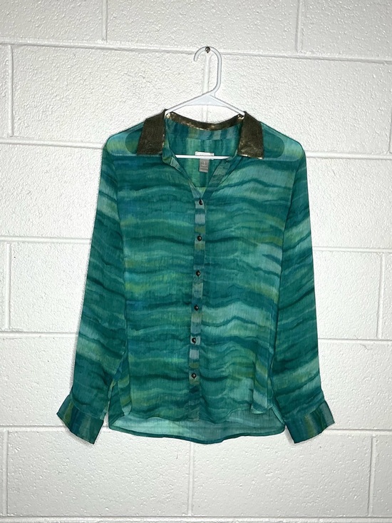 Chico's Tops - < Chico’s Green/Blue Wave Pattern Sequin Collar Button Up Top >
